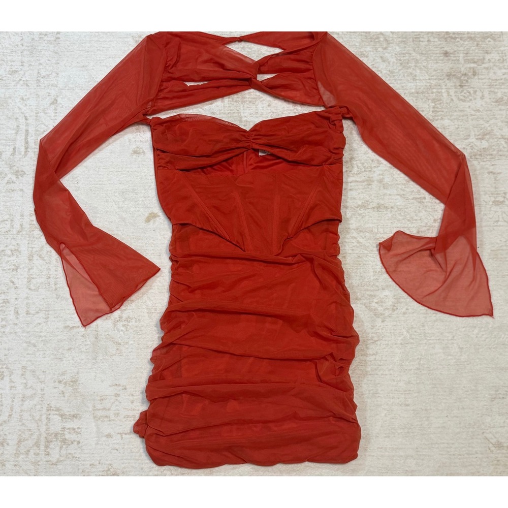 Oh Polly Orange Mesh Ruched Corset Mini Dress Long Sleeve Cutout Back Women US 8